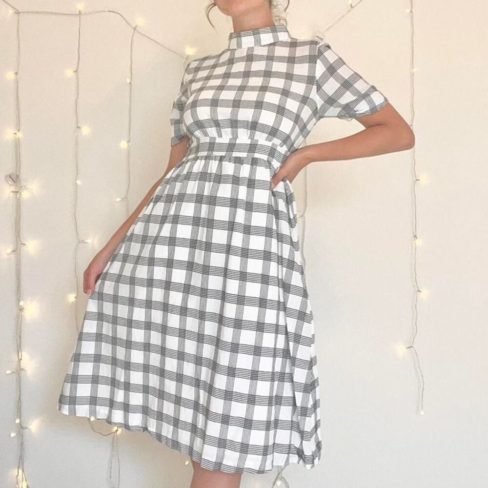 Striped large print gingham mock collar a line dress